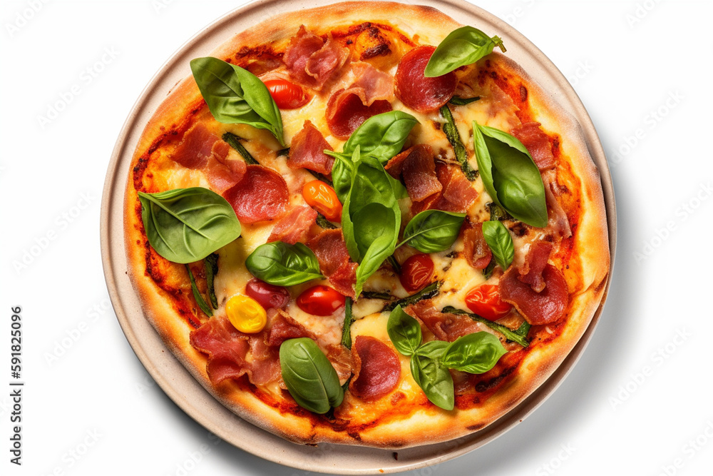 pizza on a white plate on an isolated white background pizza on a white plate on an isolated white background