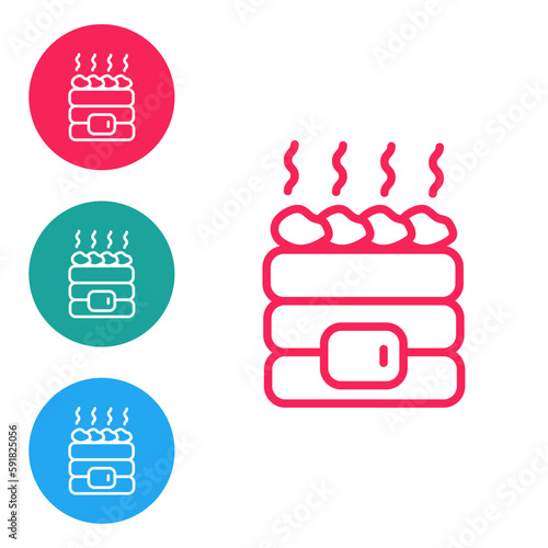 Red line Hot sauna stones icon isolated on white background. Spa resort recreation, bathhouse relaxation. Hot stones on electric heater. Set icons in circle buttons. Vector