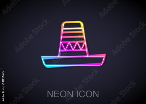 Glowing neon line Traditional mexican sombrero hat icon isolated on black background. Vector