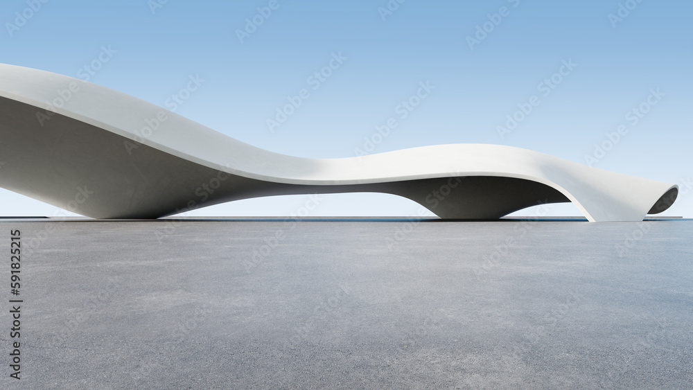 3d render of abstract futuristic architecture with empty concrete floor. - obrazy, fototapety, plakaty 