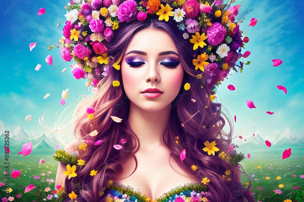 Woman with flowers and her hair, fashion, beauty, makeup