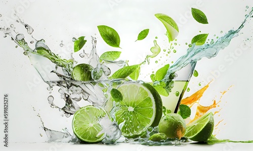 Water splash with lime slices on white background, mint leaves, and ice cubes as a concept for summertime libations. Generative AI