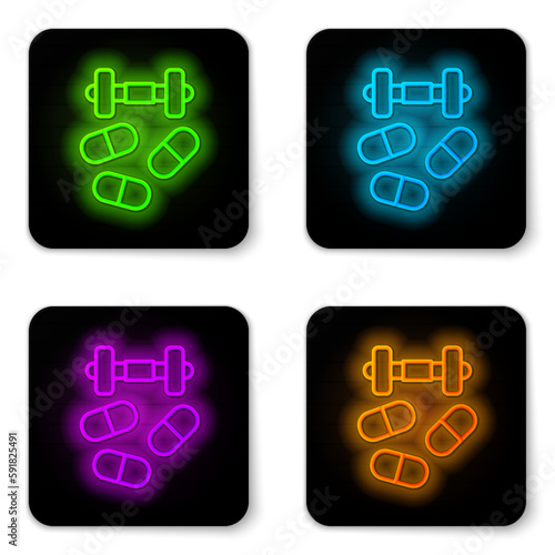 Glowing neon line Sports doping, anabolic drugs with dumbbell icon isolated on white background. Anabolic steroids tablet. Pills in jar. Black square button. Vector
