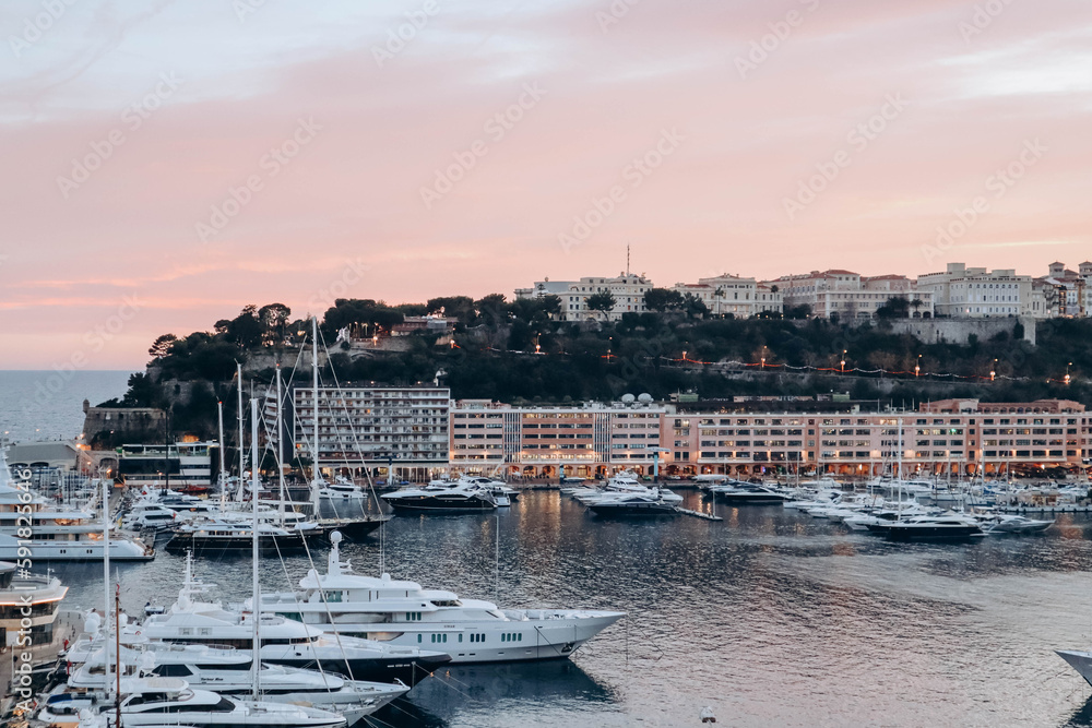 Monaco, Monaco - 28.12.2021 : Port Hercule and the beautiful facades of the Principality of Monaco