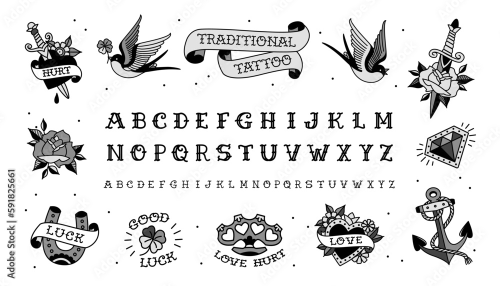 Old School Tattoo designs and Rock style font. Retro tattoo designs set of swallow, anchor, heart, love, rose, flower isolated on white backround. Traditional Tattoo vintage type font vector template