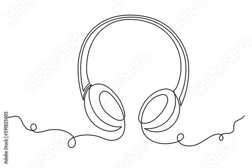 Headphone one line art,hand drawn device gadget continuous contour.Listening music wireless online concept,technology for audition songs and playlists template outline.Editable stroke.Isolated.Vector