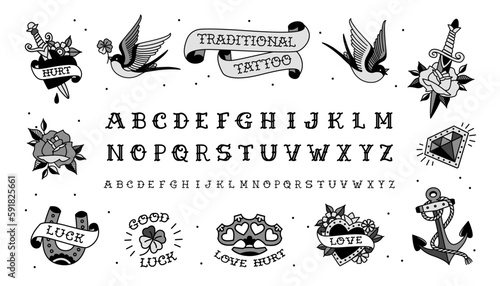 Old School Tattoo designs and Rock style font. Retro tattoo designs set of swallow, anchor, heart, love, rose, flower isolated on white backround. Traditional Tattoo vintage type font vector template