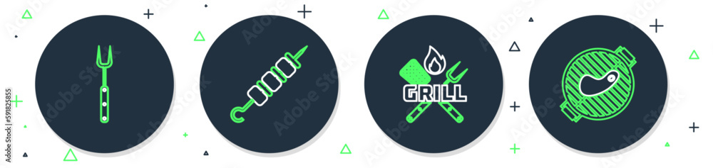 Set line Grilled shish kebab, Crossed fork and spatula, Barbecue and grill with steak icon. Vector Set line Grilled shish kebab, Crossed fork and spatula, Barbecue and grill with steak icon. Vector