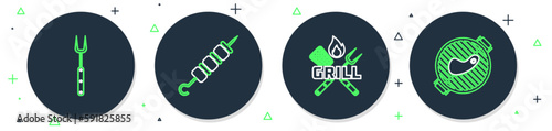 Set line Grilled shish kebab, Crossed fork and spatula, Barbecue and grill with steak icon. Vector
