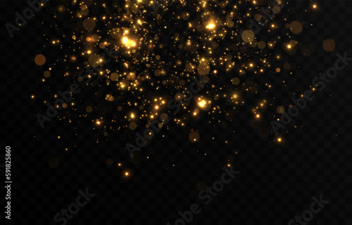 Vector gold sparkles on an isolated transparent background. Atomization of golden dust particles png. Glowing particles png. Gold dust. Light effect.