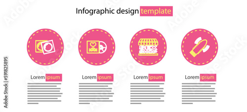 Set line Sex shop building, Dildo vibrator for sex games, Disc with inscription and Condoms package icon. Vector