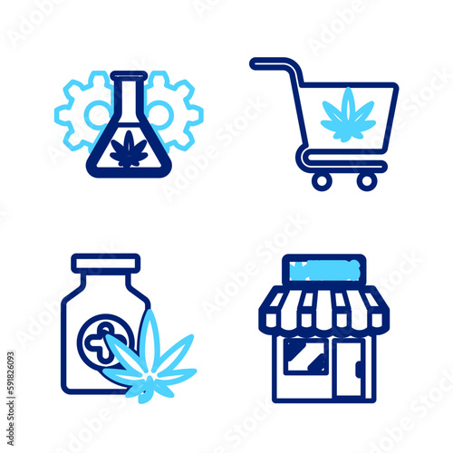 Set line Marijuana and cannabis store, Medical bottle with marijuana, Shopping cart and Test tube icon. Vector