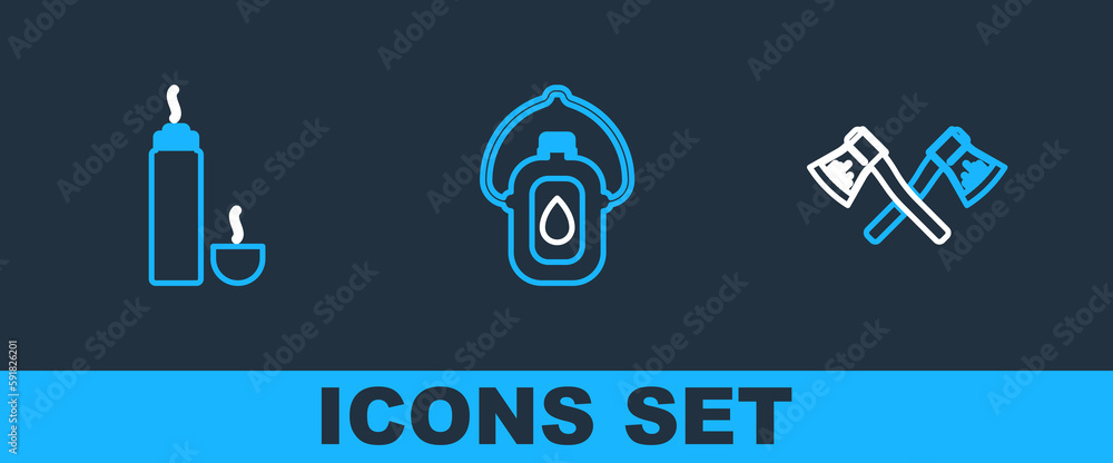 Set line Crossed wooden axe, Thermos container and Canteen water bottle icon. Vector Set line Crossed wooden axe, Thermos container and Canteen water bottle icon. Vector