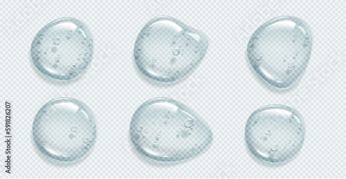 Clear liquid serum texture with bubble. Cosmetic gel drop png on transparent background. 3d shampoo product swatch. Realistic beauty face skin lotion with collagen spill top view. Body essence puddle