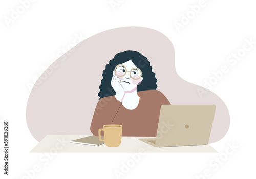 Bored, unmotivated yong woman. Dark, curly-haired girl in eyeglasses sits at her laptop. Low energy level concept. Vector