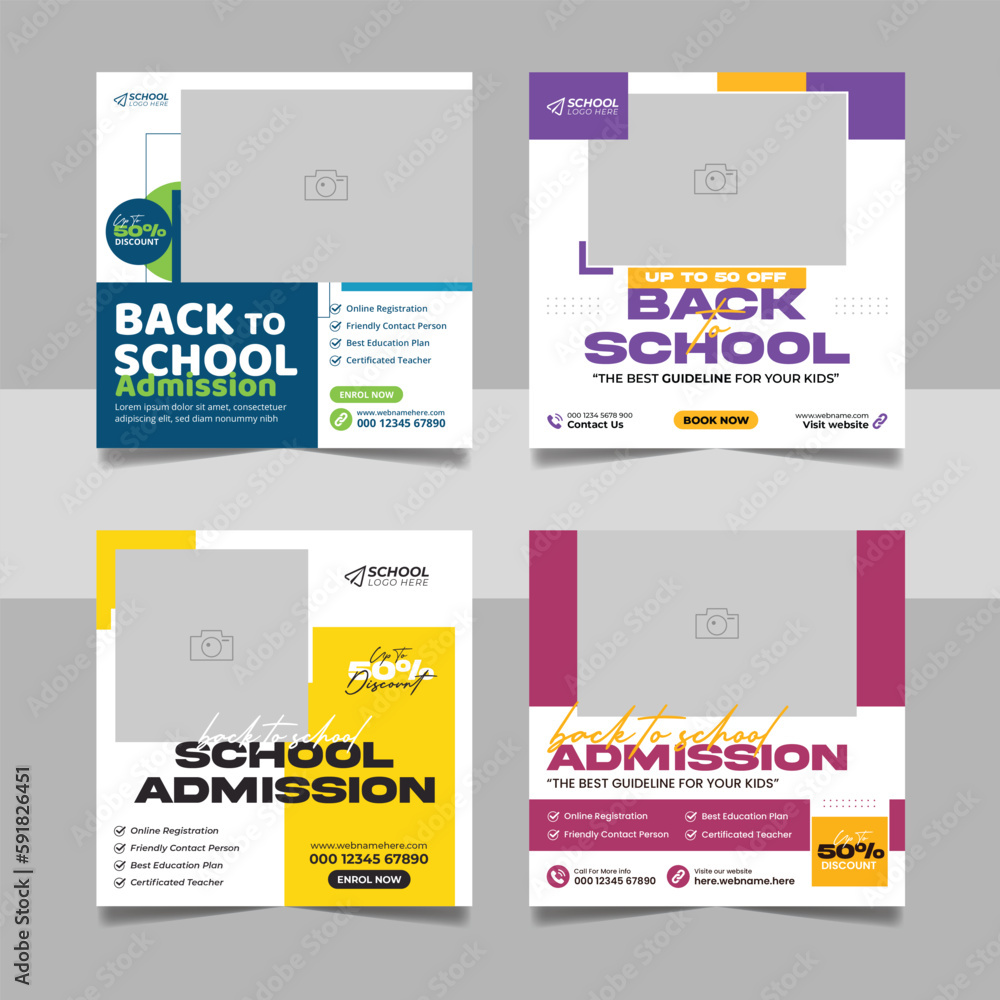 School admission social media post banner, educational social media square flyer bundle back to school web banner design template set.