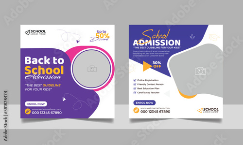 School admission social media post banner, educational social media post square flyer back to school web banner design template set.
