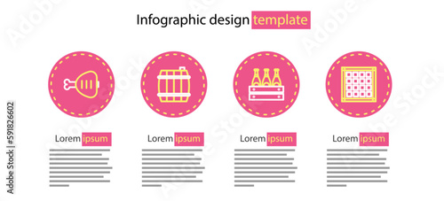 Set line Pack of beer bottles, Checkered napkin, Wooden barrel and Chicken leg icon. Vector