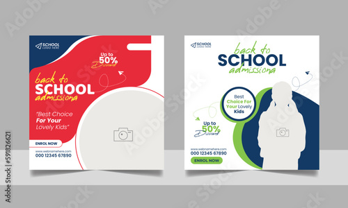 School admission social media post banner, educational social media post square flyer back to school web banner design template set.	