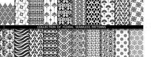 Geometric floral set of seamless patterns. White and black vector backgrounds. Damask graphic ornaments.