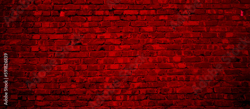 Brick wall of red color, wide panorama of masonry. Red brick wall, brickwork background for design