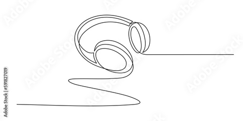 Headphone one line art,hand drawn device gadget continuous contour.Listening music wireless online concept,technology for audition songs and playlists template outline.Editable stroke.Isolated.Vector