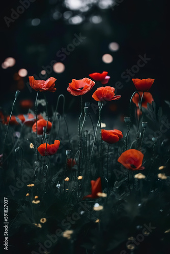 Red poppy flowers in a dark swamp landscape  Generative AI