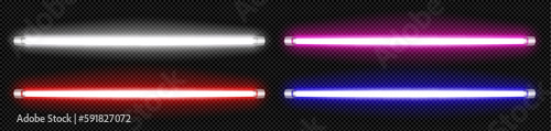 Isolated neon led lamp tube line with blue glow vector on transparent background. Realistic 3d light laser stripe bulb in red and purple color set. Flash lazer shine at night illustration collection.