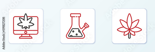 Set line Marijuana or cannabis leaf, Monitor and marijuana and Glass bong for smoking icon. Vector