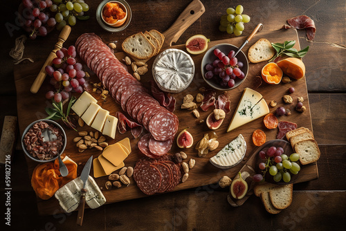 Delicious flat lay top down view of charcuterie board with processed meat, salami, cheese and fruit on a wooden platter on a table.  Generative AI photo
