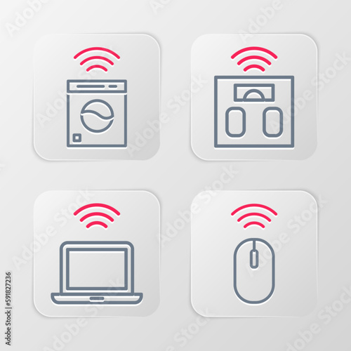 Set line Wireless mouse, laptop, Smart bathroom scales and washer icon. Vector