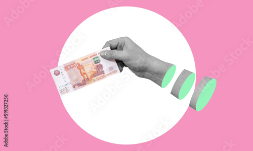 Art collage, hands with money, with Russian money on a pink background.