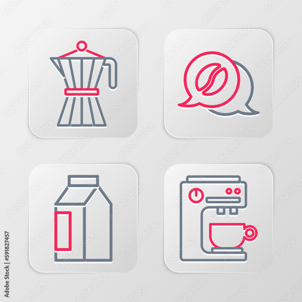 Set line Coffee machine, Bag coffee beans, and conversation and moca pot icon. Vector Set line Coffee machine, Bag coffee beans, and conversation and moca pot icon. Vector