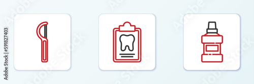 Set line Mouthwash bottle, Dental floss and card icon. Vector