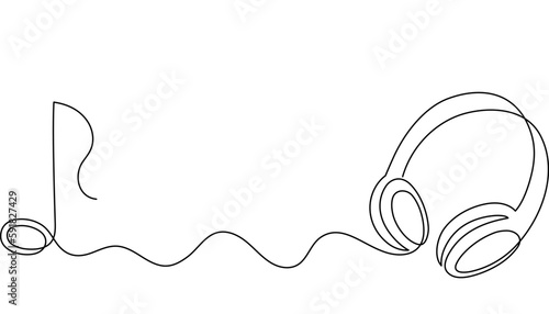 Headphone one line art,hand drawn device gadget continuous contour.Listening music wireless online concept,technology for audition songs and playlists template outline.Editable stroke.Isolated.Vector