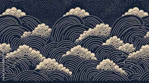 Japanese traditional wave motifs background texture design, ocean, waves, seamless, Generative AI
