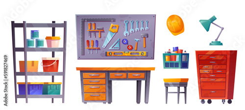 Workshop room interior in garage or basement set. Isolated carpentry tool storage on white background. Shelf and board with equipment, box in engineer storeroom. Canister and old rack collection