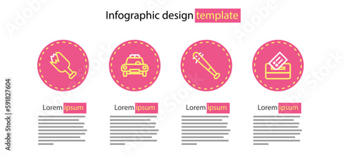 Set line Baseball bat with nails, Vote box, Police car and flasher and Broken bottle weapon icon. Vector