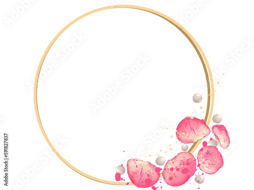 Golden frame with rose petals and pearls Vector watercolor. Wedding card or i...