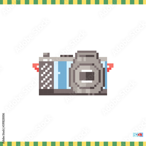 Pixel art photo camera icon. Vector 8 bit style illustration of sir camera. Decorative travel tech element of retro video game computer graphic for game asset, sprite, sticker or web.