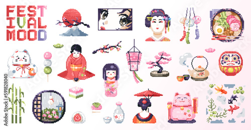 Pixel art cute spring japanese festival clip art pack. 8 bit vintage video game tradition style decorations set - geisha, sakura, kimono, lucky neko, anime, kimono girl. Vector pixel art stickers.	
