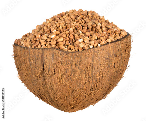 Buckwheat groats in a bowl, close up photo.