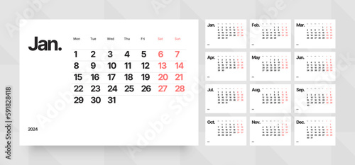Monthly calendar template for 2024 year. Wall calendar grid in a minimalist style. Week Starts on Monday. 
