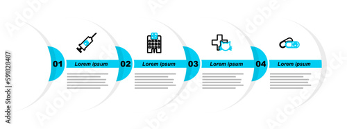 Set line Dog and pills, Veterinary clinic, medicine hospital and Syringe with pet vaccine icon. Vector
