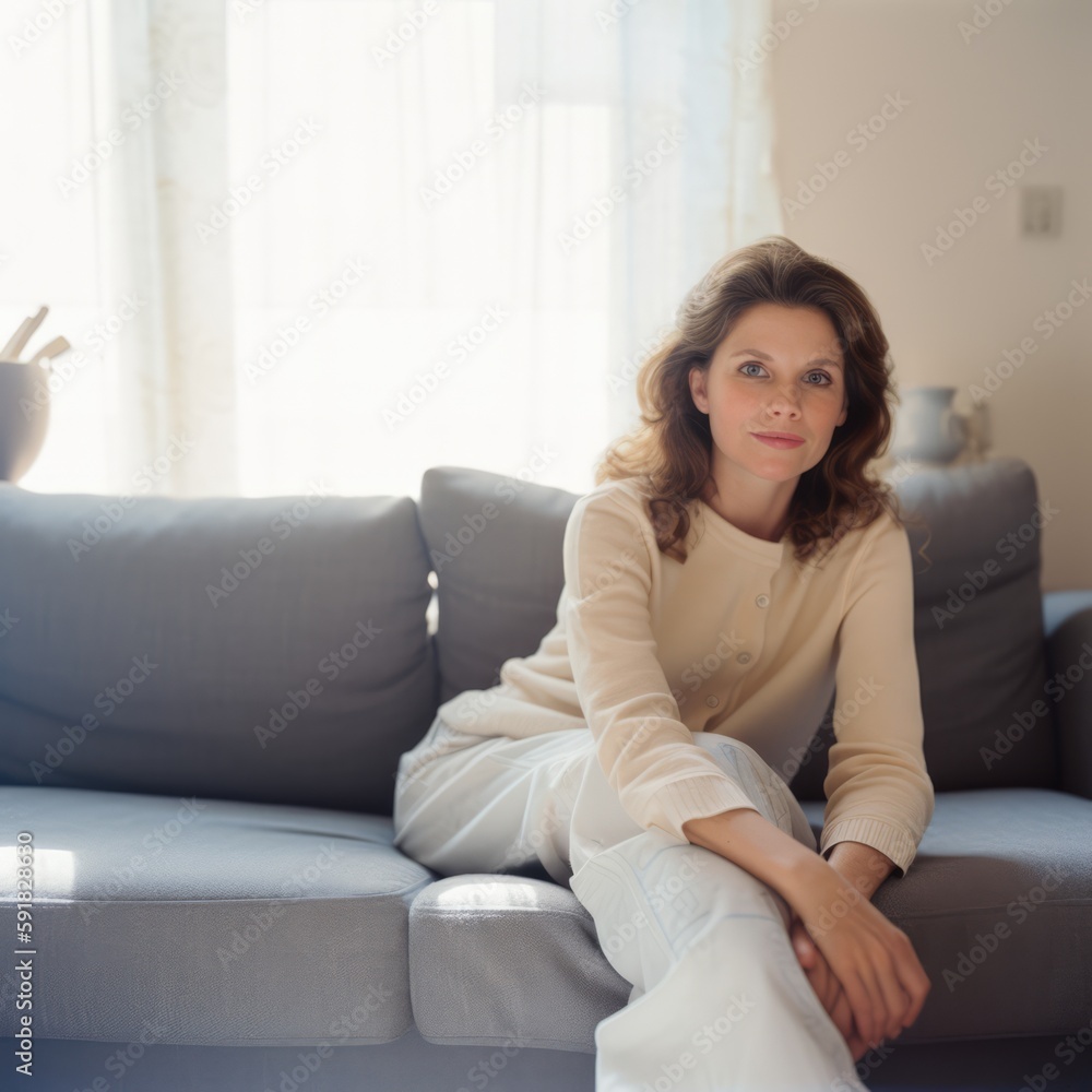 Portrait of caucasian woman with brown hair on sofa, created using generative ai technology Portrait of caucasian woman with brown hair on sofa, created using generative ai technology