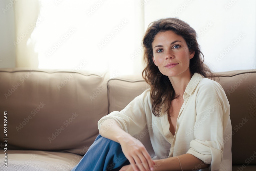 Portrait of caucasian woman with brown hair on sofa, created using generative ai technology Portrait of caucasian woman with brown hair on sofa, created using generative ai technology
