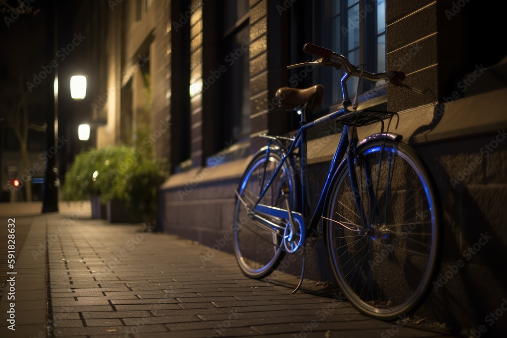 Blue bike leaning against building wall in city street, created using generative ai technology
