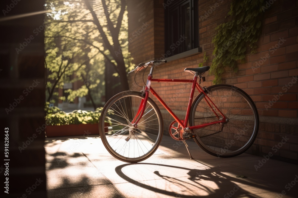 Red bike by building brick wall in city street, created using generative ai technology