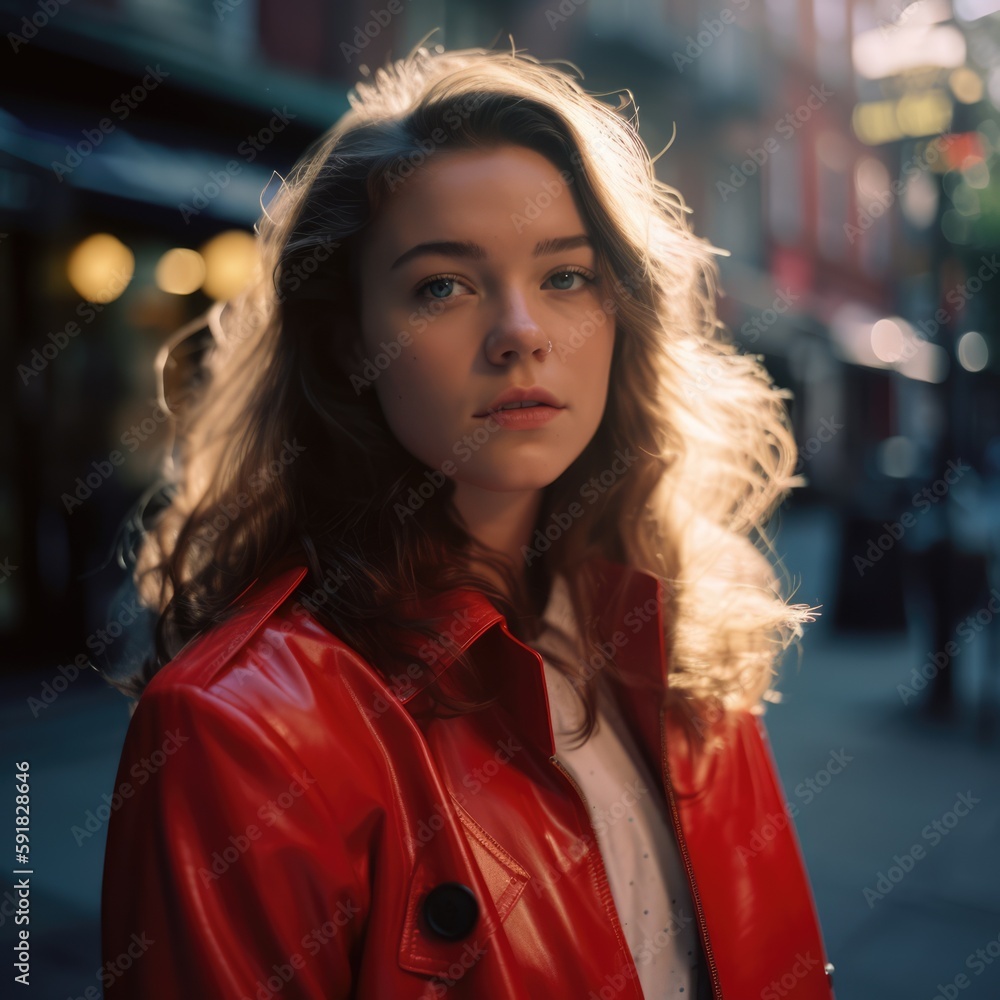 Naklejka premium Portrait of beautiful caucasian woman in city street, created using generative ai technology