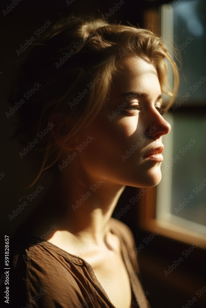 Portrait of beautiful caucasian woman by window in sunshine, created using generative ai technology Portrait of beautiful caucasian woman by window in sunshine, created using generative ai technology